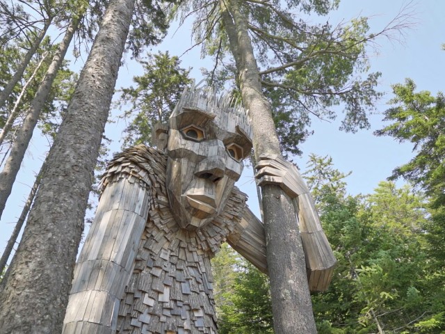 A large wooden sculpture resembling a humanoid figure stands among tall trees in a forested area under a clear sky, blending with the natural surroundings.