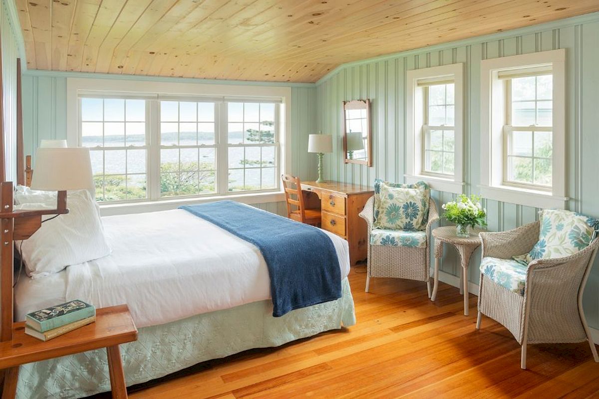 A cozy bedroom with wood flooring, light blue walls, large windows showing a lake view, a bed, seating area, desk, mirror, and lamps.