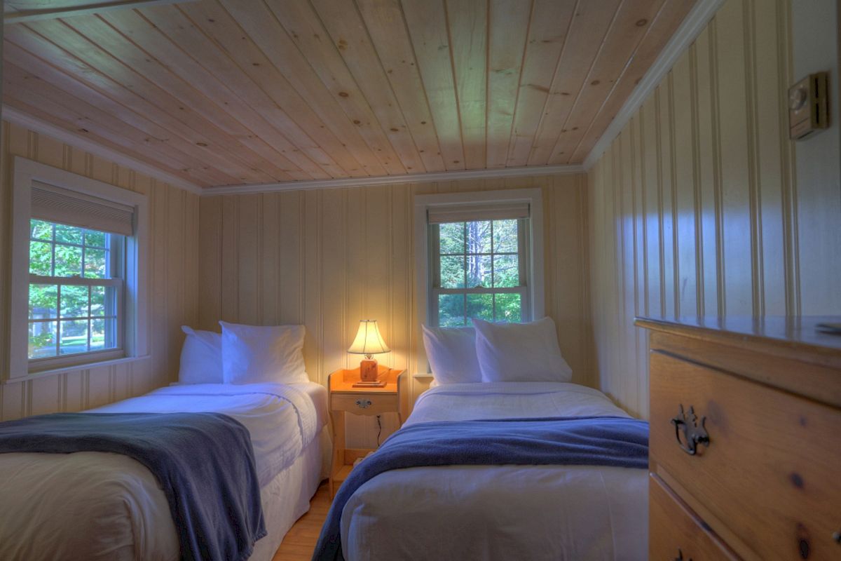A cozy bedroom with two twin beds, a bedside table with a lamp, and wooden walls and ceiling, giving it a cabin-like feel, is shown.