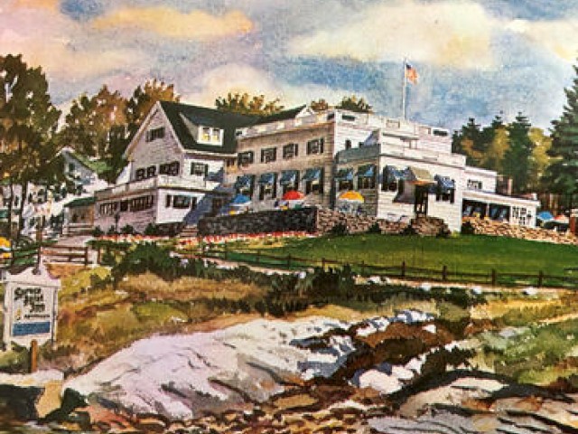 A painting of a large white building with a flag on top, surrounded by trees and a rocky landscape, possibly a hotel or resort.