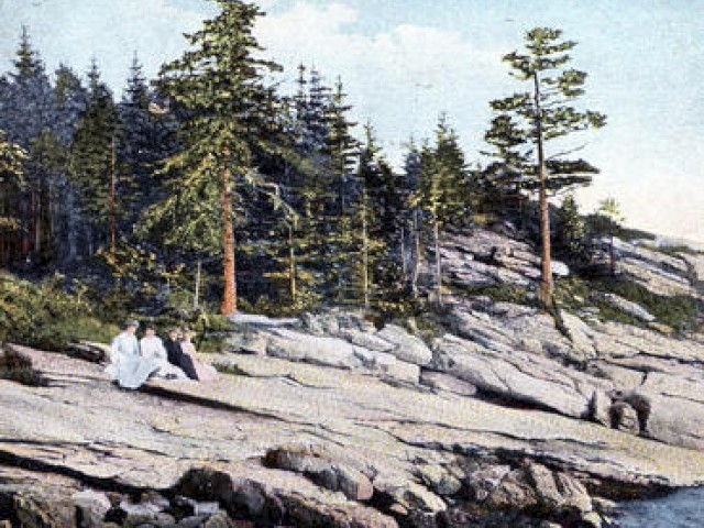 A scenic view of a rocky shoreline with two people sitting, surrounded by pine trees and a forest in the background, under a partly cloudy sky.