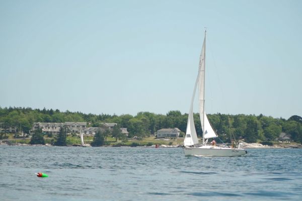 A sailboat is in the water near a shoreline with houses and trees in the background. The weather appears calm and clear, with some distant buoys visible.