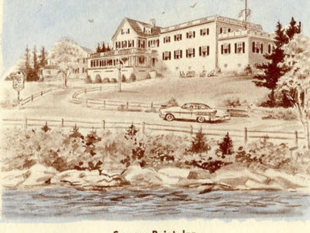 Drawing of a large inn next to a rocky shore. A vintage car is parked on the road in front. Text at the bottom reads 