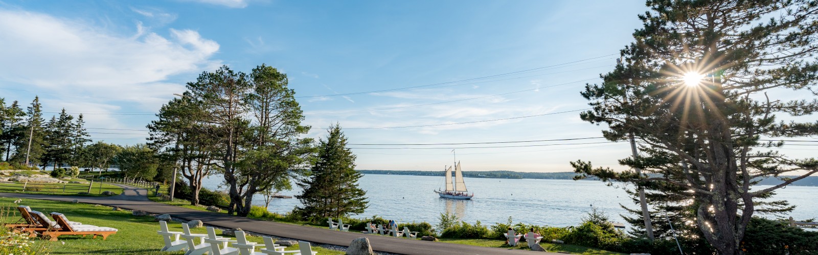 The image shows a grassy area with white chairs, a scenic view of water, a sailing boat, and large trees under a bright blue sky ending the sentence.