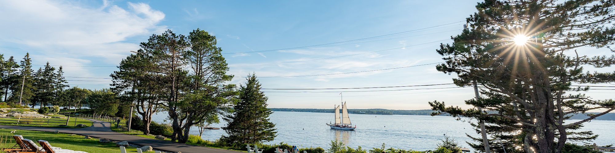 The image shows a grassy area with white chairs, a scenic view of water, a sailing boat, and large trees under a bright blue sky ending the sentence.