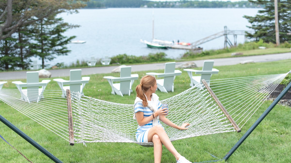 A woman sits on a hammock in a grassy area with a scenic water view, a boat in the background, and a small dog nearby, ending the sentence.