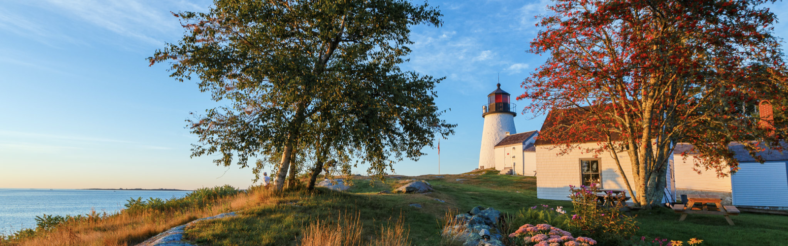 A picturesque coastal scene featuring a lighthouse, trees, a garden with colorful flowers, and a pathway by the sea under a clear blue sky.