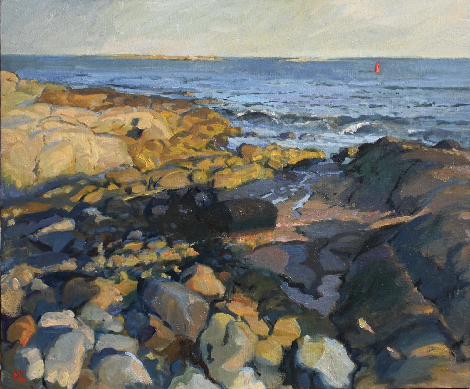 A coastal landscape painting depicts rocky shores with the sea in the background and a blue sky above.