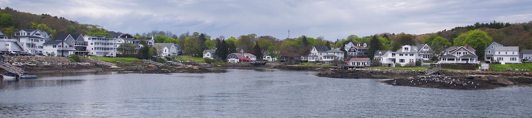 A coastal town with houses along the shoreline, calm water, and a cloudy sky above.
