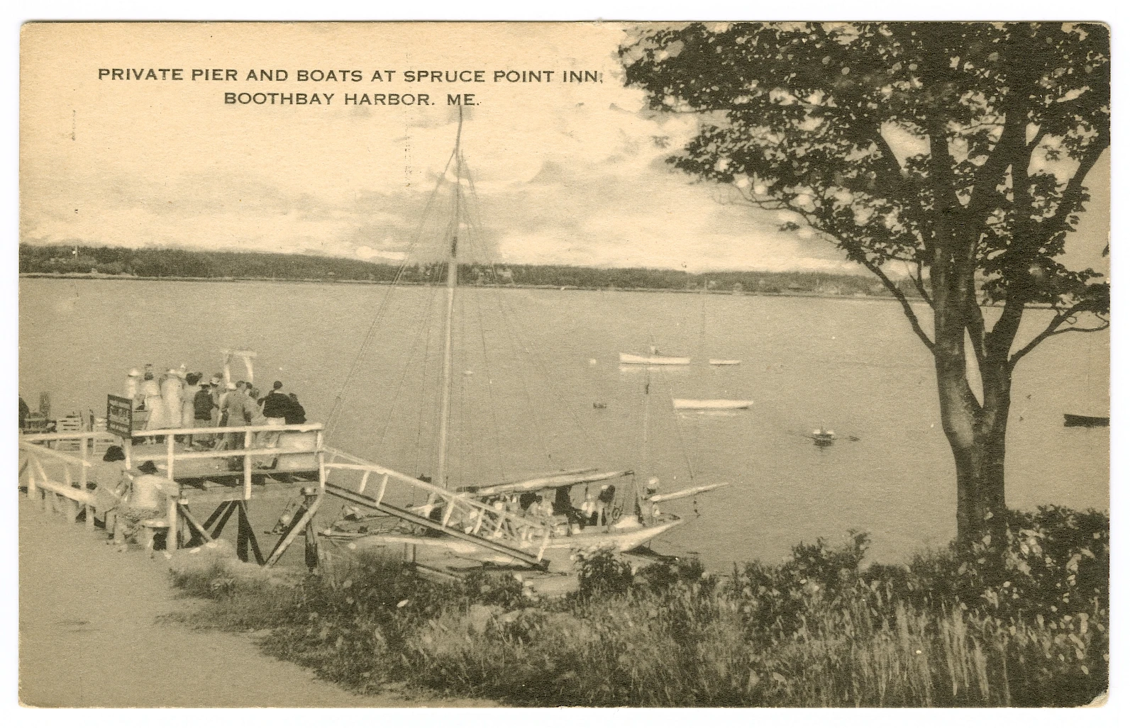 A vintage postcard view of a private pier with boats at Spruce Point Inn, Boothbay Harbor, ME, near a wooden dock and tree-lined shore.