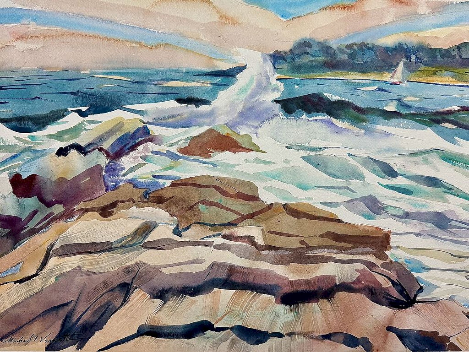 A watercolor painting of waves crashing against rocks at a seaside with mountains and sky in the background.