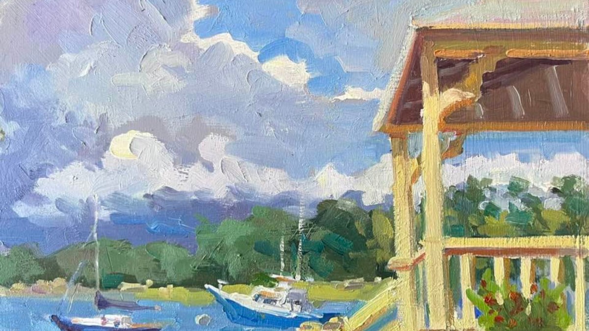 A colorful painting of boats on water, a house with a balcony, greenery, and a bright, cloudy sky, capturing a peaceful lakeside scene.