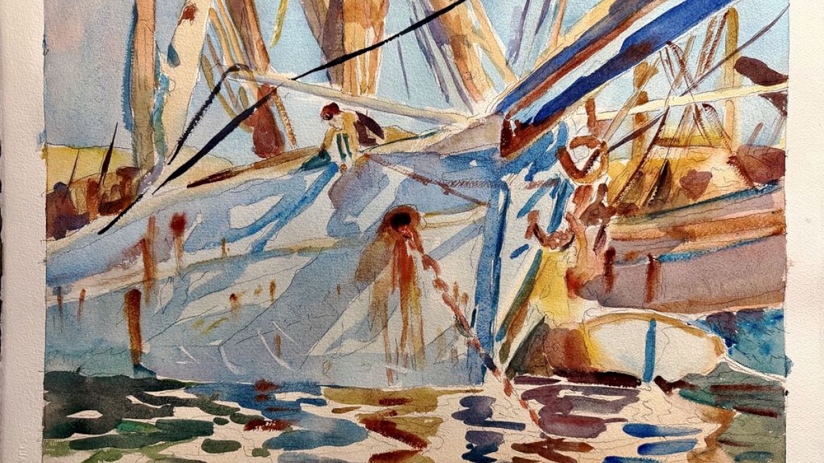 Colorful watercolor painting of a dockside scene with boats and figures handling ropes, reflecting vibrant activity and maritime life.
