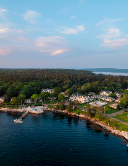 A coastal town with houses, a small dock, and a shoreline surrounded by forest under a partly cloudy sky.