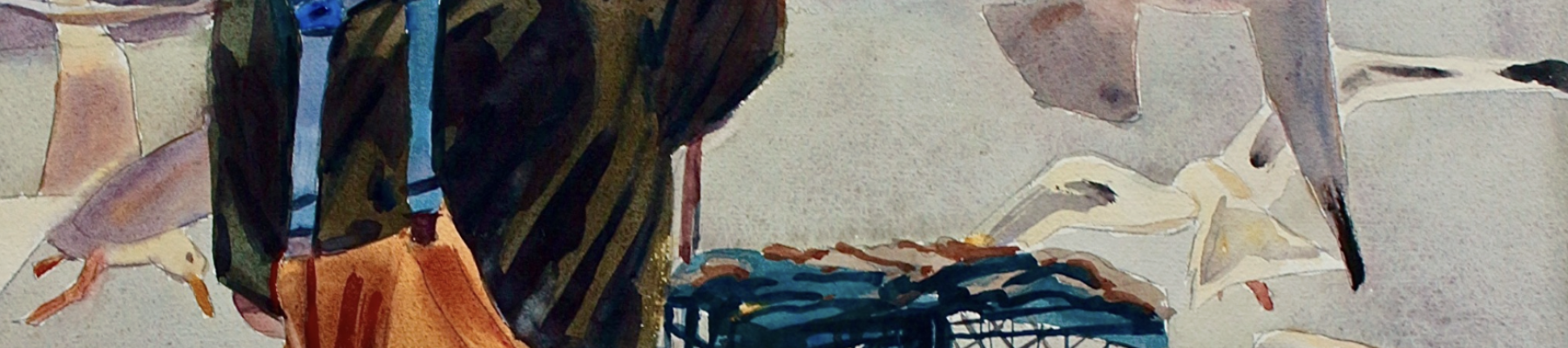A person with a backpack feeds seagulls at the beach while pushing a shopping cart, in a watercolor-style painting.