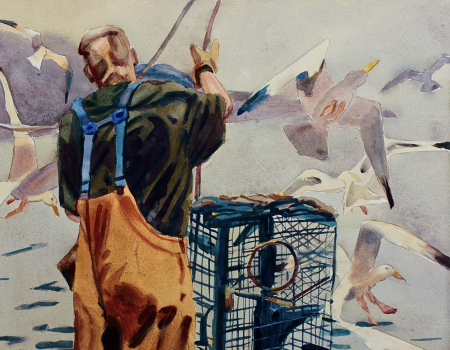 A person with a backpack feeds seagulls at the beach while pushing a shopping cart, in a watercolor-style painting.
