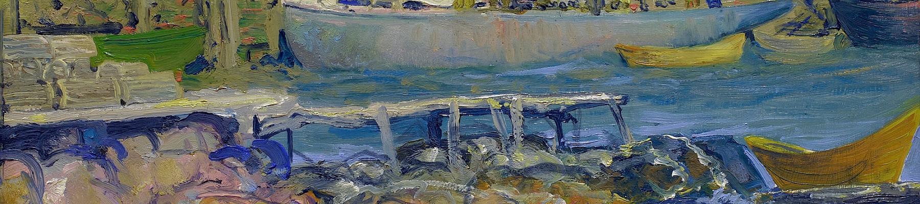 A colorful impressionist painting of a bustling harbor with boats, water, rocks, and people under a clear sky.
