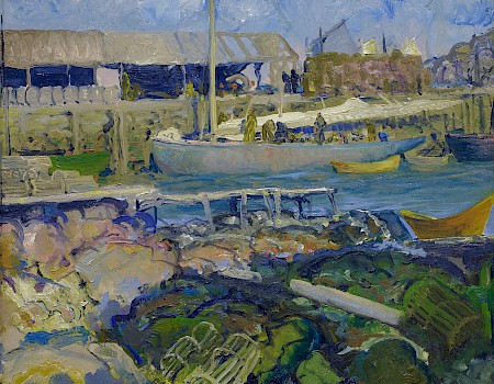 A colorful impressionist painting of a bustling harbor with boats, water, rocks, and people under a clear sky.